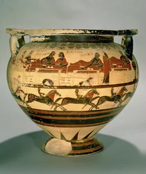 Frühe korinthische schwarzfigurige Säulenkrater, Herakles beim Essen mit Eurytios und seinen Söhnen, bedient von Iole, über einer Reihe von Reitern, aus Cerveteri, ca. 600 v. Chr. (Keramik)